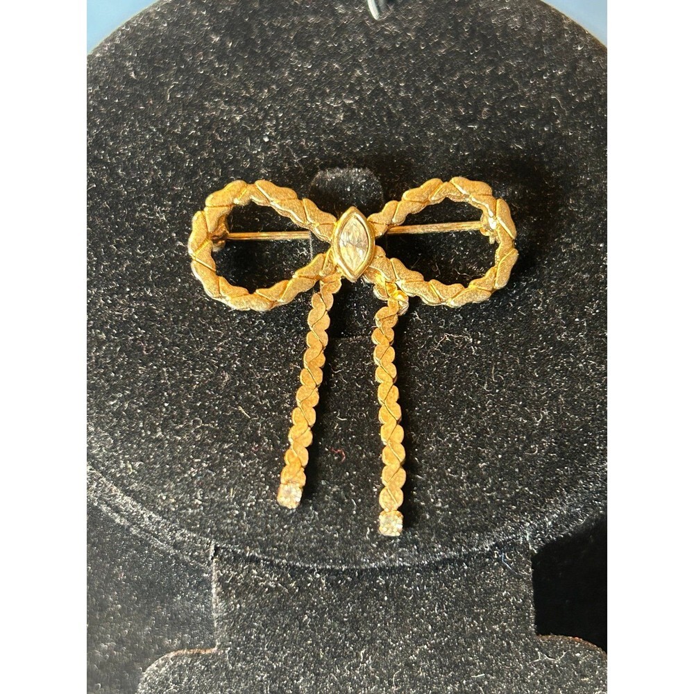 AVON Vintage Signed Gold Tone Ribbon Bow Chain Brooch Pin  Rhinestone Gold Tone